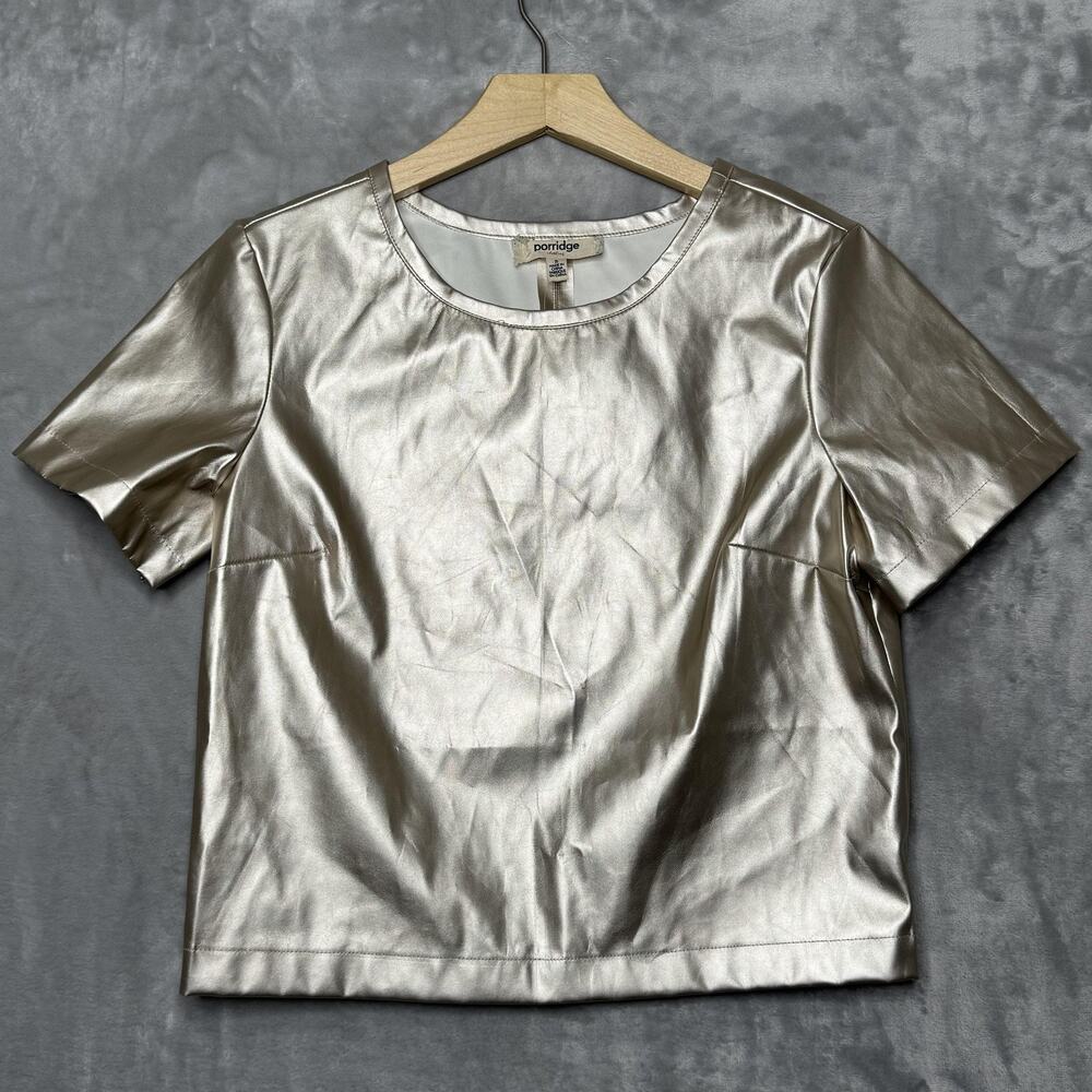 Porridge Blouse Womens Small Gold Metallic Faux Leather Short Sleeve NWT Anthro
